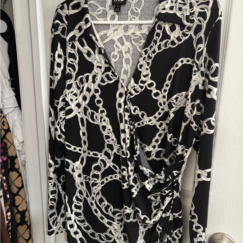 INC International Concepts Black Chain-Print Wrap Blouse